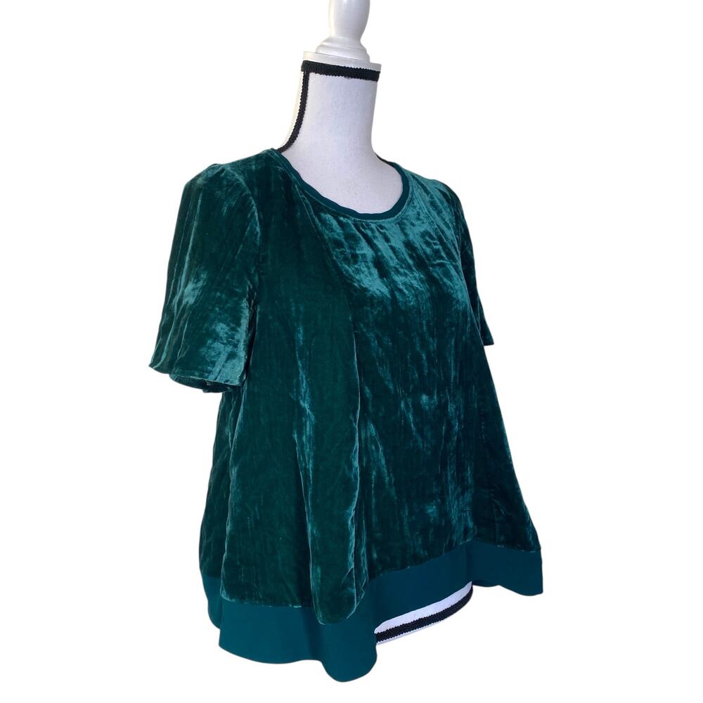 Maeve Crushed Velvet Swing Top Sz XS/S Forest Green Short Flutter Sleeves indie